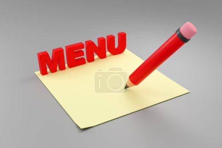 Photo for Luxury red inscription menu on grey podium, soft light, front view smooth background, 3d rendering - Royalty Free Image