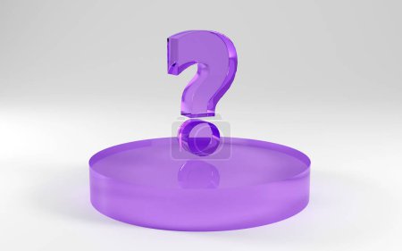 Luxury purple glass inscription question mark on grey podium, soft light, front view smooth background, 3d rendering