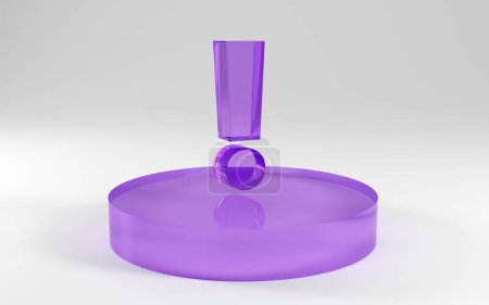3d render purple glass exclamation mark on a podium with a white background
