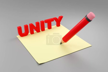 Luxury red sign unity with yellow notepad on grey podium, soft light, smooth background, 3d rendering top view