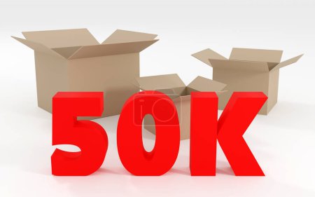 Luxury sign 50k with empty shopping boxes online internet media blog followers 3D render illustration on red cubes