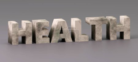 Einfache 3D-Illustration des Wortes GESUNDHEIT in konkretem Text auf grauem Hintergrund