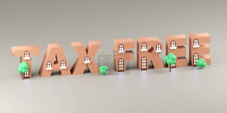 3d render sign tax free made of tiny houses and light background. Simple minimalism concept. Simple minimalism concept, 3d illustration