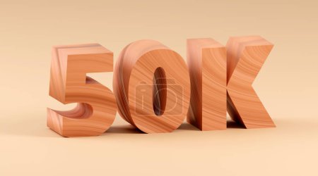 Luxury sign 50k made of wood online internet media blog followers 3D render illustration on red cubes