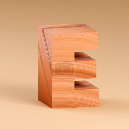 3d alphabet, letters shape made of wood on beige background, 3d render, letter E Funny design concept