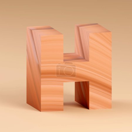 3d alphabet, letters shape made of wood on beige background, 3d render, letter H Funny design concept
