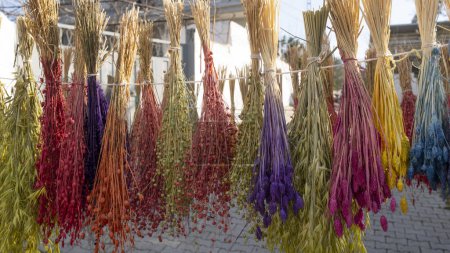 Téléchargez les photos : Plantes sèches colorées suspendues à sécher dans un village d'Anatolie occidentale, Turquie - en image libre de droit