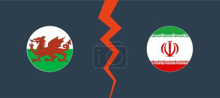Ilustración de Bandera de Gales vs Irán con frontera circular. Concepto de oposición, competencia y división. Ilustración vectorial - Imagen libre de derechos