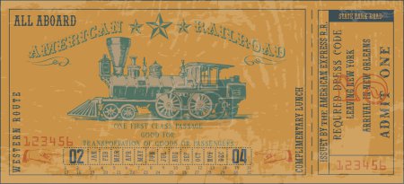 Téléchargez les illustrations : Image vectorielle de vieux billet de train western vintage américain - en licence libre de droit