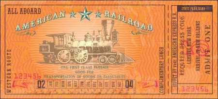 Ilustración de Vector image of old vintage american western rail train ticket - Imagen libre de derechos