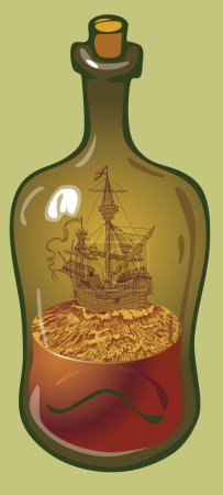 Illustration for Vector image of an old ship in a bottle in the style of cartoon book graphics - Royalty Free Image