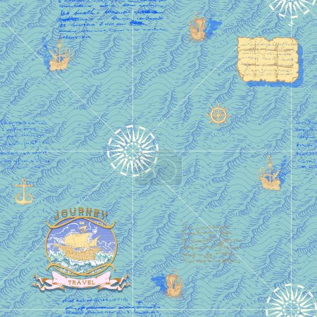 Illustration for Vector image of a seamless texture in the style of a medieval nautical record of the captain's diary engraving sketch - Royalty Free Image