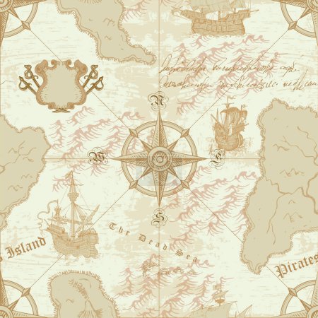 Illustration for Vector image of a seamless texture in the style of a medieval nautical record of the captain's diary engraving sketch - Royalty Free Image