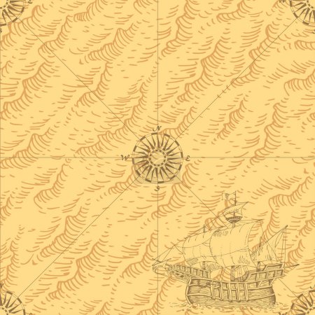 Illustration for Vector image of ancient nautical chart of sea routes of medieval ships - Royalty Free Image