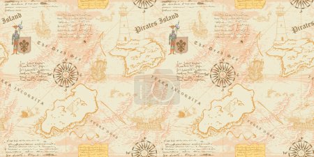 Illustration for Vector image of a seamless texture on the fabric and paper of the ancient nautical map of the sea routes of medieval ships - Royalty Free Image