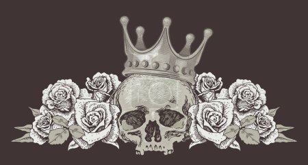 Ilustración de Vector image of a vintage skull in a crown with roses and tattoo style - Imagen libre de derechos