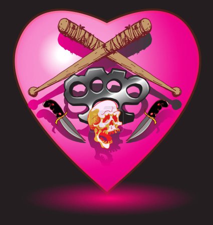 Illustration for Vector image of a heart with a set of weapons of a bit of bone and a skull in the style of pop art cartoon - Royalty Free Image
