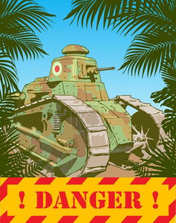 Illustration for Printvector image of a japanese tank in the jungle thicket with a warning sign, danger - Royalty Free Image
