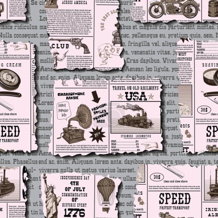 vector image of a seamless texture for fabric and paper, vintage newspaper clippings, text Lorem ipsum