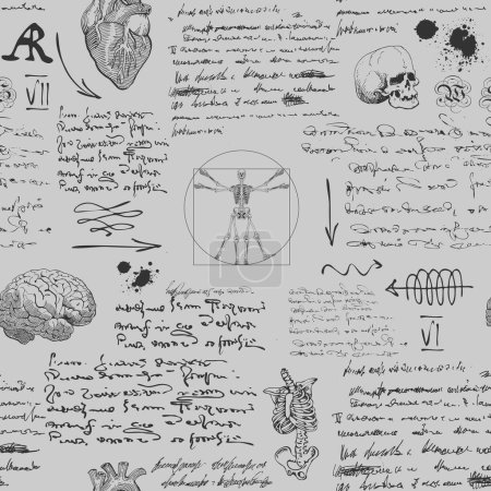 Ilustración de Imagen vectorial de un fondo textural sin costuras en el estilo de notas del diario de un científico anatomista con bocetos, fórmulas y notas - Imagen libre de derechos