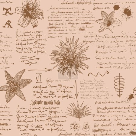 Téléchargez les illustrations : Vector image of a seamless textural background in the style of notes from the diary of a botanist with sketches, formulas and notes - en licence libre de droit