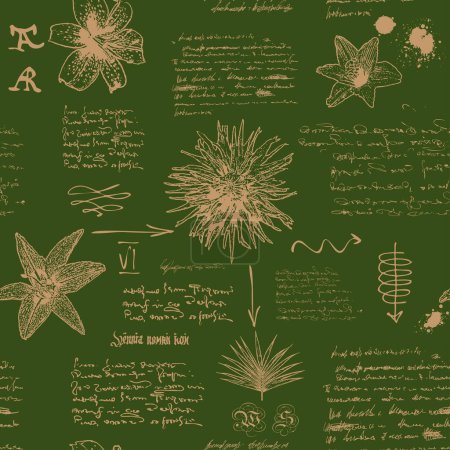 Téléchargez les illustrations : Vector image of a seamless textural background in the style of notes from the diary of a botanist with sketches, formulas and notes - en licence libre de droit