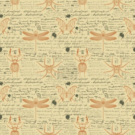 Ilustración de Vector image of a seamless textured background in the style of notes from an entomologist diary with sketches, formulas and notes and sketches of insects - Imagen libre de derechos