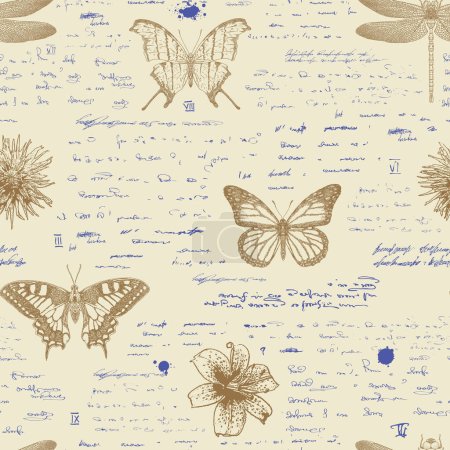 Téléchargez les illustrations : Vector image of a seamless textured background in the style of notes from an entomologist diary with sketches, formulas and notes and sketches of insects - en licence libre de droit