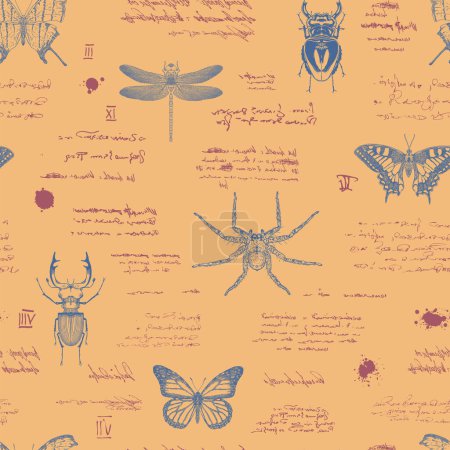 Téléchargez les illustrations : Vector image of a seamless textured background in the style of notes from an entomologist diary with sketches, formulas and notes and sketches of insects - en licence libre de droit