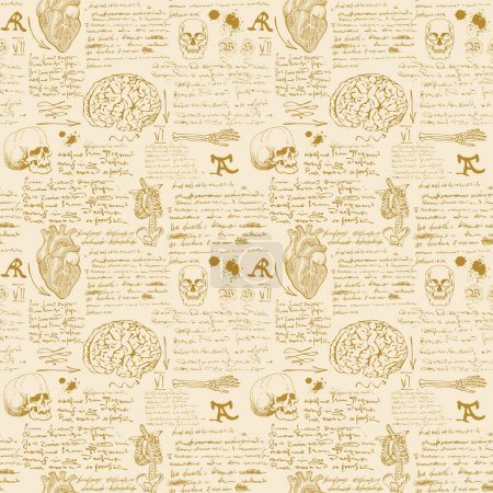 Ilustración de Vector image of a solid background texture for printing on fabric and paper in the style of notes from the diary of an anatomist with sketches, formulas and notes text lorem ipsum - Imagen libre de derechos