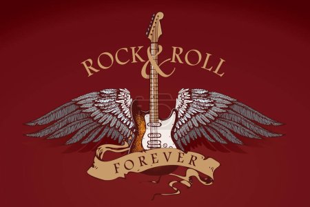Téléchargez les illustrations : Vector image of a guitar with wings and the inscription rock and roll in the style of a graphic sketch - en licence libre de droit