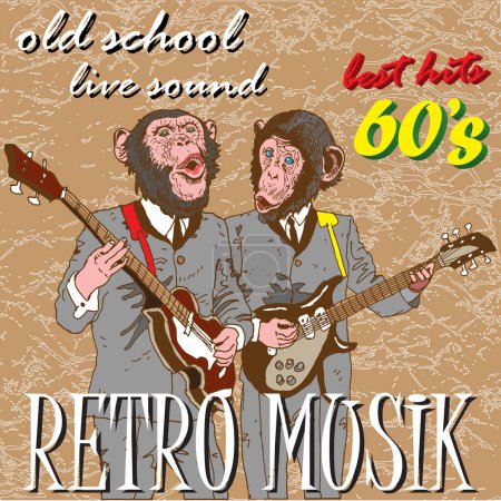 Illustration for Vector image of a poster with monkey musicians in the style of the old vintage design of a music album - Royalty Free Image