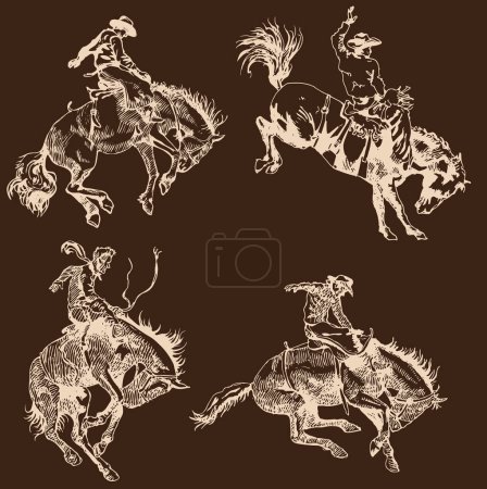 Ilustración de Vector image of a set of cowboys on a wild horse mustang rodeo america - Imagen libre de derechos
