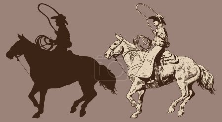 Ilustración de Cowboy riding a wild horse mustang rounding a kicking horse on a rodeo graphic sketch sketching graphics - Imagen libre de derechos