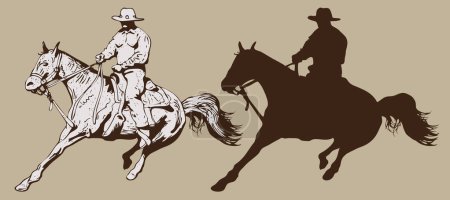 Ilustración de Cowboy riding a wild horse mustang rounding a kicking horse on a rodeo graphic sketch sketching graphics - Imagen libre de derechos