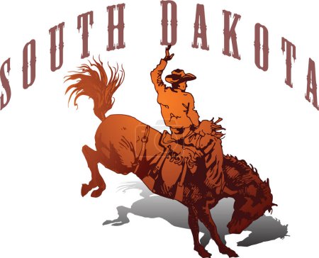 Ilustración de Vector banner poster with cowboy rider riding wild mustang horse and South Dakota lettering on white background in book sketch style - Imagen libre de derechos