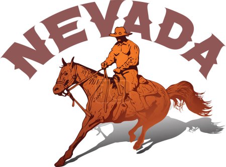 Ilustración de Vector banner poster with cowboy rider riding wild mustang horse and NEVADA lettering on white background in book sketch style - Imagen libre de derechos