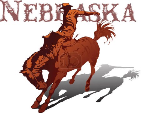 Ilustración de Vector banner poster with cowboy rider riding wild mustang horse and NEBRASKA  lettering on white background in book sketch style - Imagen libre de derechos