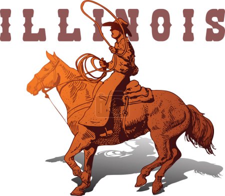 Ilustración de Vector banner poster with cowboy rider riding wild mustang horse and ILLINOIS  lettering on white background in book sketch style - Imagen libre de derechos