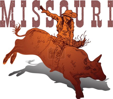 Ilustración de Vector banner poster with cowboy rider riding wild mustang horse and MISSOURI lettering on white background in book sketch style - Imagen libre de derechos