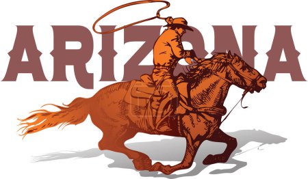 Ilustración de Vector banner poster with cowboy rider riding wild mustang horse and ARIZONA lettering on white background in book sketch style - Imagen libre de derechos