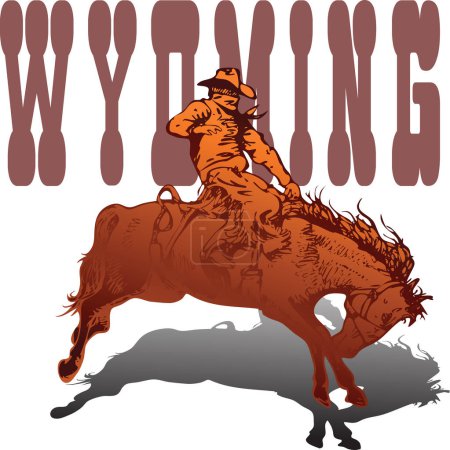 Ilustración de Vector banner poster with cowboy rider riding wild mustang horse and WYOMING lettering on white background in book sketch style - Imagen libre de derechos