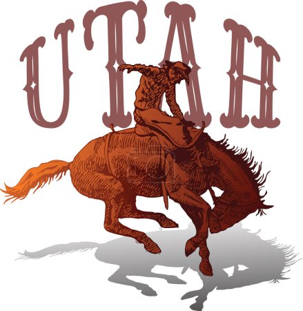 Ilustración de Vector banner poster with cowboy rider riding wild mustang horse and UTAH lettering on white background in book sketch style - Imagen libre de derechos