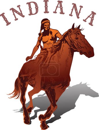 Ilustración de Vector banner poster with cowboy rider riding wild mustang horse and INDIANA lettering on white background in book sketch style - Imagen libre de derechos