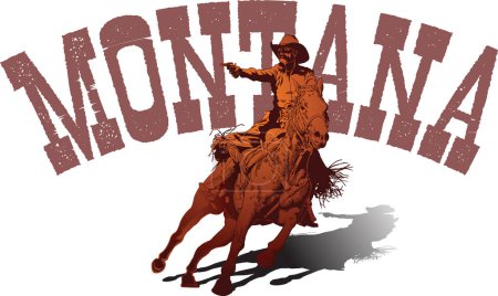 Ilustración de Vector banner poster with cowboy rider on wild bull and Montana lettering on white background in book sketch style - Imagen libre de derechos