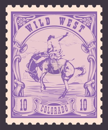 Ilustración de Vector image of a cowboy on a horse in the form of a postage stamp with the inscription Colorado - Imagen libre de derechos