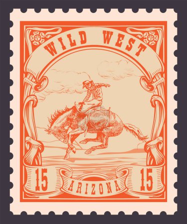 Ilustración de Vector image of a cowboy on a horse in the form of a postage stamp with the inscription Arizona - Imagen libre de derechos