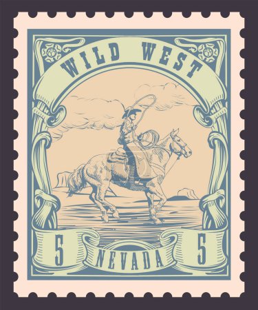 Ilustración de Vector image of a cowboy on a horse in the form of a postage stamp with the inscription Nevada - Imagen libre de derechos