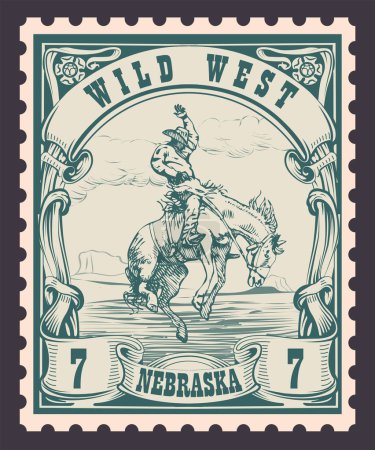 Ilustración de Vector image of a cowboy on a horse in the form of a postage stamp with the inscription Nebraska - Imagen libre de derechos