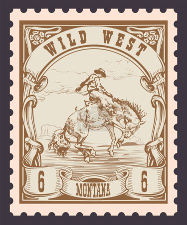 Ilustración de Vector image of a cowboy on a horse in the form of a postage stamp with the inscription Montana - Imagen libre de derechos
